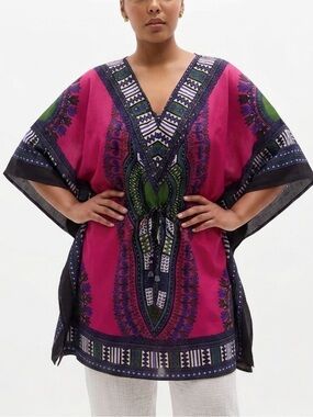 California Woman Aztec Border Patterned Caftan Beach Cover Up Drawstring Waist